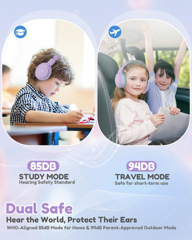 Acer Kids Bluetooth Headphones, 85/94dB Volume Limited, 60H Playtime, Bluetooth 6.0, Lightweight Over-Ear Wireless Headphones for Kids, Toddler Headphones with Built-in Mic, Purple-Green
