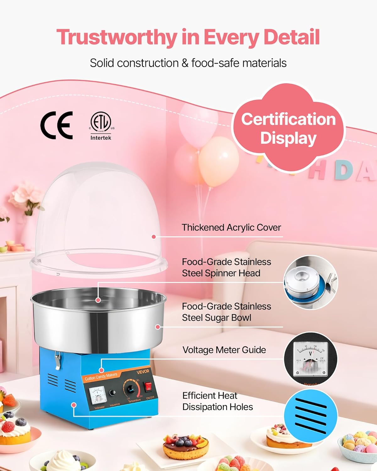 VEVOR Electric Cotton Candy Machine, 1000W Commercial Floss Maker With Cover, Commercial Cotton Candy Machine w/Stainless Steel Bowl & Sugar Scoop, Ideal for Carnival, Birthday, Family Party, Blue