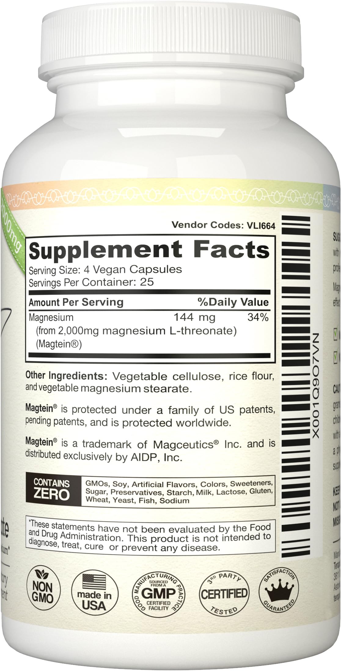 Magnesium L Threonate (Original Magtein Formula) - 2000 mg 100 Vegan Capsules Non-GMO Highly Absorptive Pure Supplement A Vitamin for Cognition Pills are Without Laxative Properties