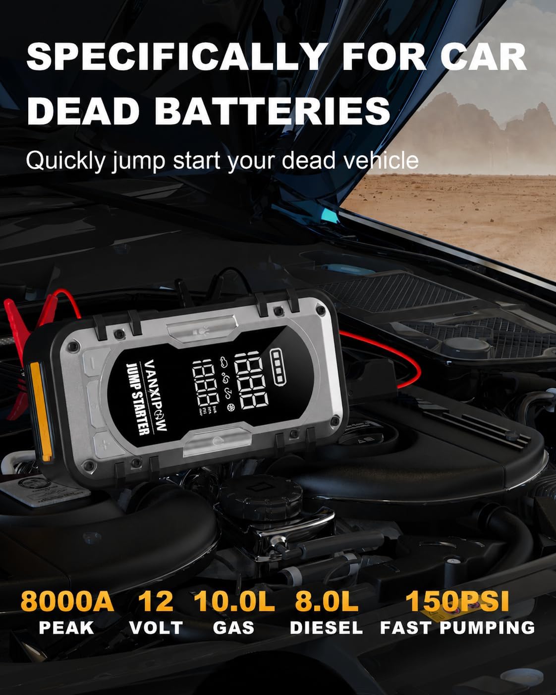 8000A Portable Car Battery Jump Starter with Air Compressor, 150PSI (9.0 L Gas/8.0L Diesel), 12V Jump Box Car Battery with 600 Lm LED Light, with Large LED Display, Power Bank