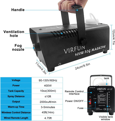 VIRFUN Fog Machine, Smoke Machine with Remote Control for Halloween, Party