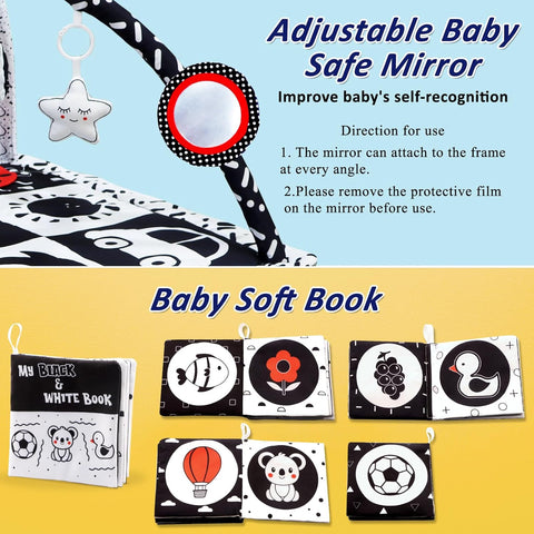 Poycuna Black and White Baby Gym Play Mat with 6 Toys Tummy Time Activity Mat for Babies 0-6 6-12 Months High Contrast Baby Gyms & Playmats Sensory Toys Newborn Brain Development Infant Play Mat