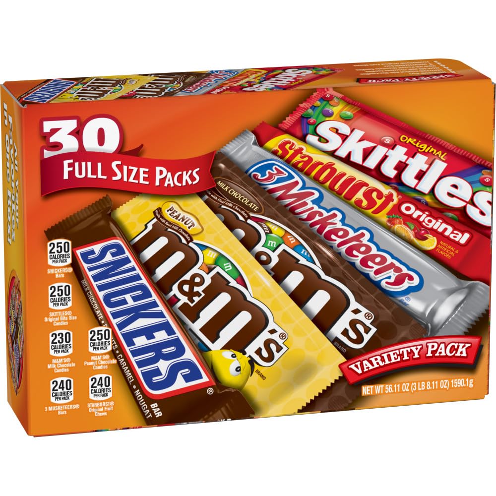 M&M'S, SNICKERS, 3 MUSKETEERS, SKITTLES & STARBURST Variety Pack Full Size Bulk Candy Assortment, 56.11 oz, 30 Bars