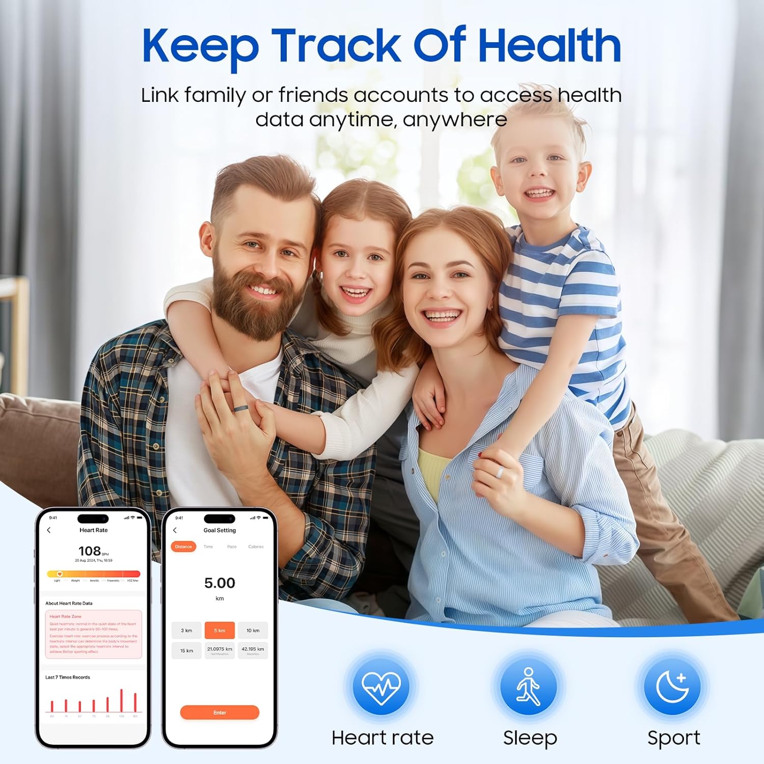 Smart Health Ring Fitness Tracker with Stress & Sleep Monitoring, Waterproof Activity Tracker, Compatible with iOS & Android, No Subscription Fee, Lightweight Wearable for Women & Men (Silver, 7)