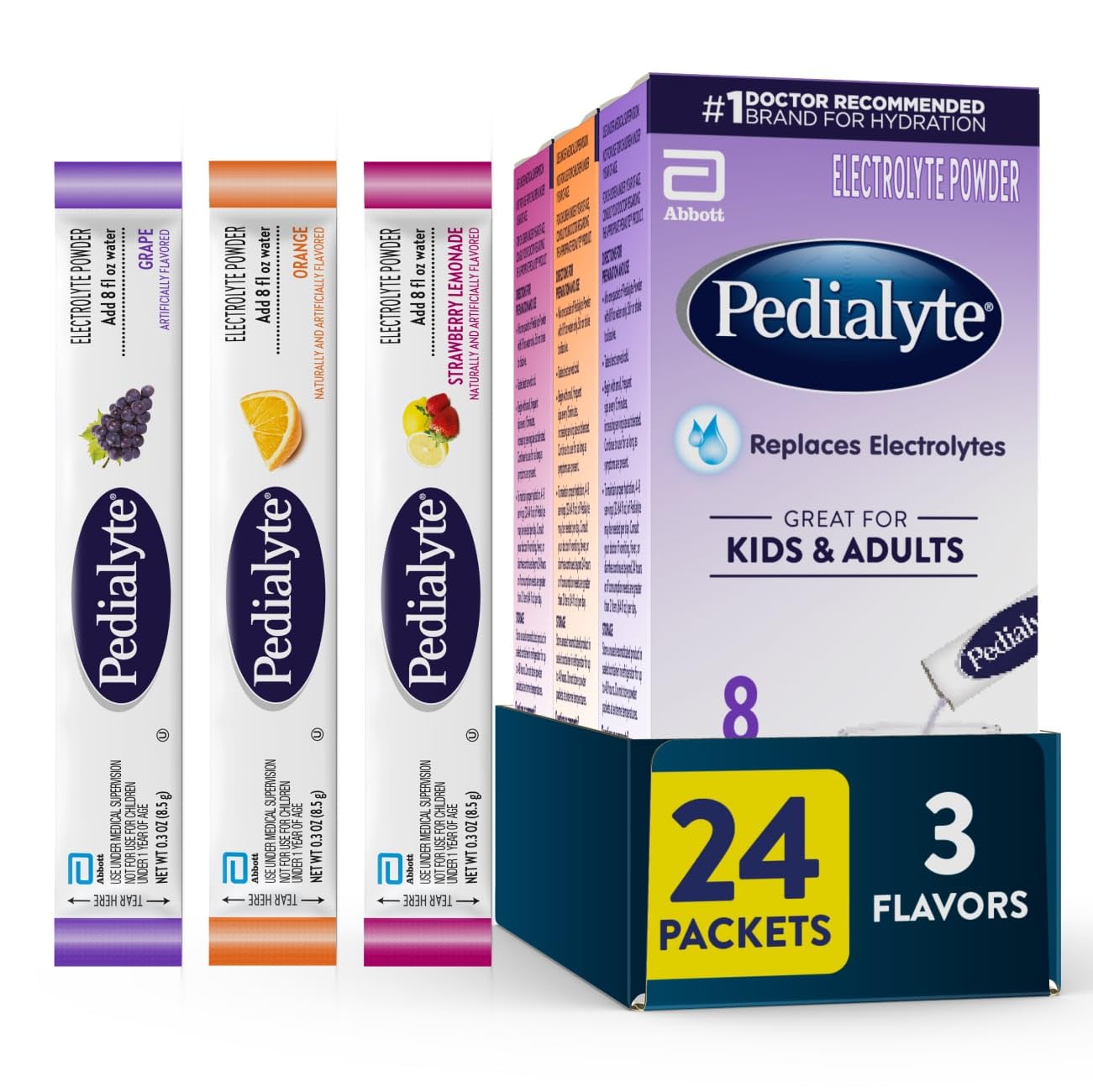 Pedialyte Electrolyte Powder | Hydration Drink for Kids & Adults | Variety Pack: Grape, Strawberry Lemonade, and Orange, 24 Powder Packets