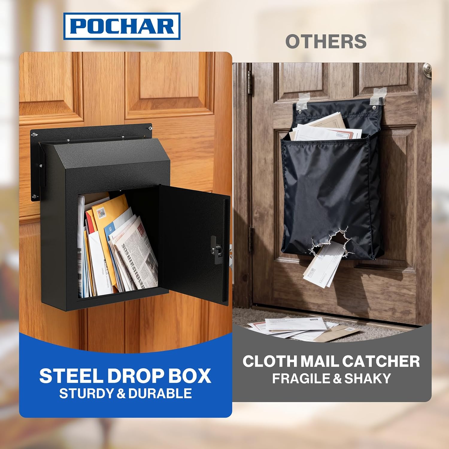 POCHAR Through the Door Mail Drop Box - 1.2mm Steel Payment Dropbox - Door Mount Theft Proof Mailbox - Locking Deposit Drop Box for Night Key, Deposit, Cash, and Rent (Black)