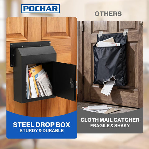 POCHAR Through the Door Mail Drop Box - 1.2mm Steel Payment Dropbox - Door Mount Theft Proof Mailbox - Locking Deposit Drop Box for Night Key, Deposit, Cash, and Rent (Black)