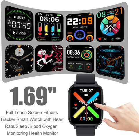Smart Watch for Men Women Compatible with iPhone Samsung Android Phone 1.69 inch Full Touch Screen IP68 Waterproof Bluetooh Fitness Tracker Heart Rate/Sleep Monitor (Black)