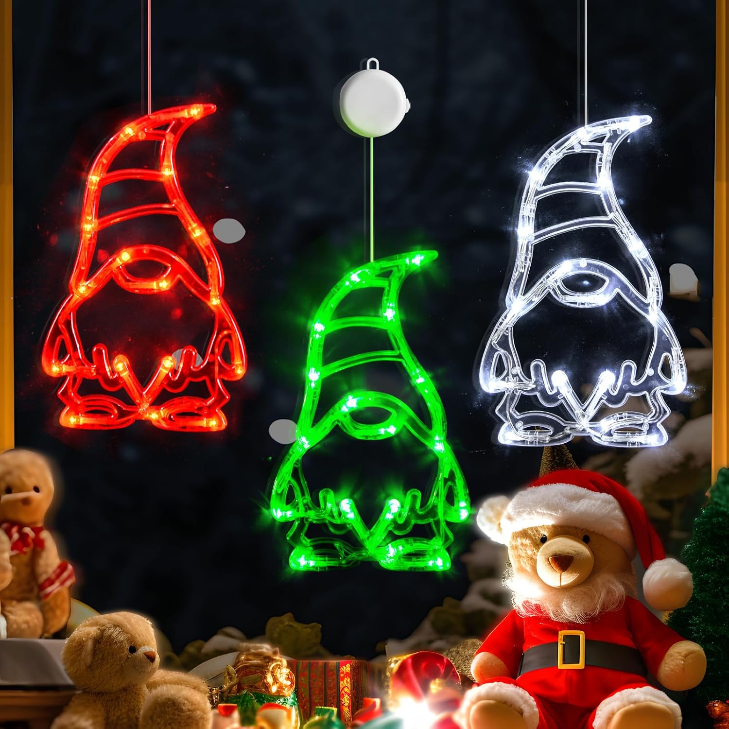LOLStar 3 Pack Red White and Green GnomesChristmas Window Lights,Suction Cups 2025 Upgrade Timer Function and Slowly Fade Mode Battery Operated Indoor Decors Christmas Decorations