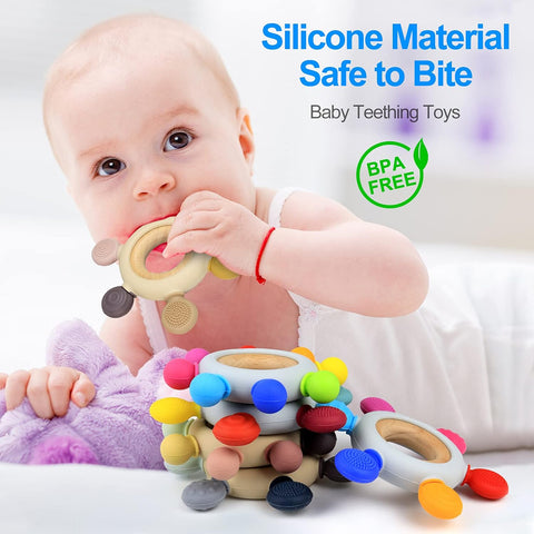 Baby Teething Toys Silicone Teethers BPA Free Silicone Rudder with Wooden Ring Soothe Babies Gums (Khaki)