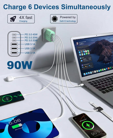90W GaN USB C Charger Block,6-Port USB C Wall Charger Fast Charging 45W PD Power Adapter for iPhone 17Pro Max/Samsung Galaxy S24 Ultra/Tabs/MacBook Air/iPad Pro for Home Travel (Green, One)