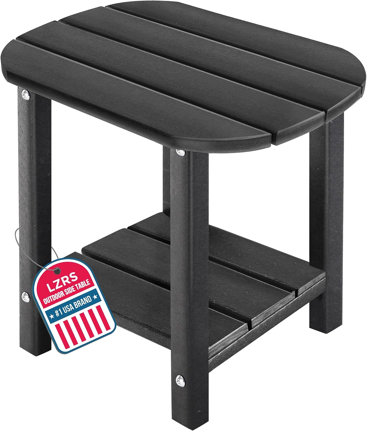 LZRS 2-Tier Patio Side Table, Heavy Duty HDPE Outdoor End Table with Wood Texture, Weatherproof Composite Table for Adirondack Chairs, Deck, Pool, Indoor/Outdoor, No Peeling Cracking(Black)