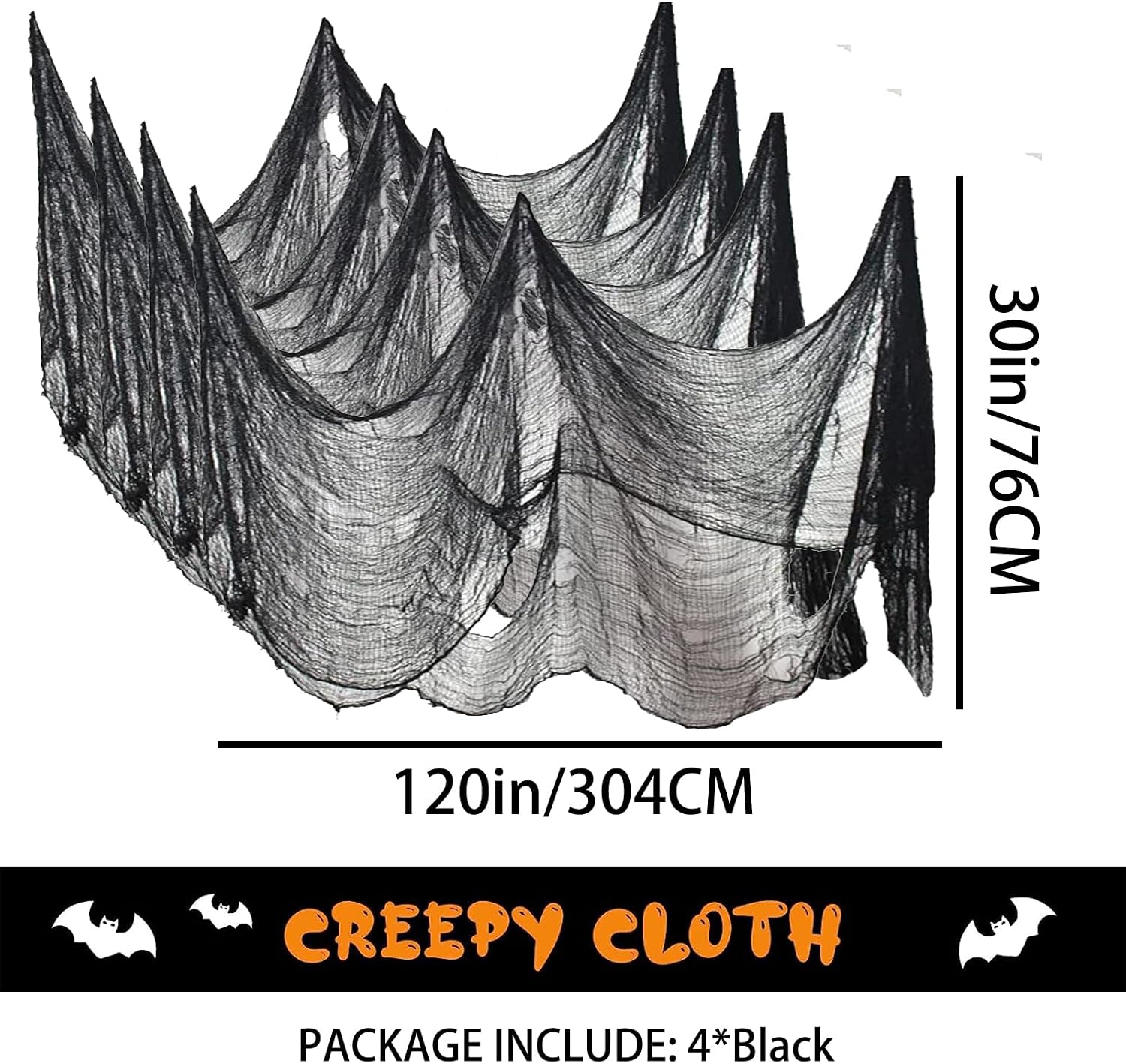 4 Pack Halloween Creepy Cloths, Scary Spooky Cloth Creepy Gauze, 30 x 120inch Freaky Loose Weave Creepy Cloth, Decoration for Haunted Houses Props Halloween Wall Outdoor Indoor Decor (Black)