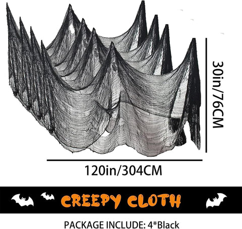 4 Pack Halloween Creepy Cloths, Scary Spooky Cloth Creepy Gauze, 30 x 120inch Freaky Loose Weave Creepy Cloth, Decoration for Haunted Houses Props Halloween Wall Outdoor Indoor Decor (Black)