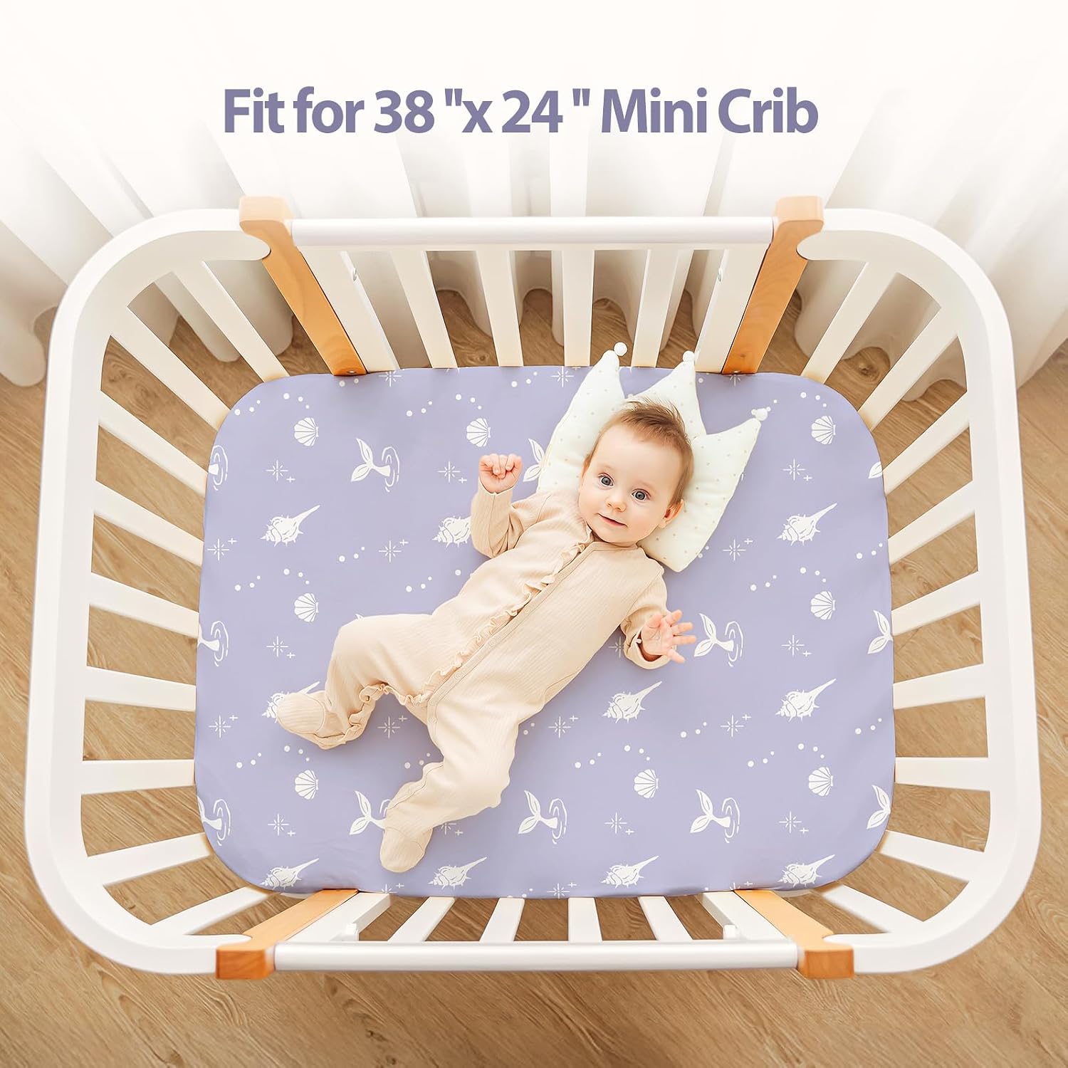 Baby Mini Crib Sheets Girl, Portable 38”x26” Pack and Play Sheets Fitted for Playard and Pack N Play Mattress, 3-Pack Soft Microfiber Purple Mermaid