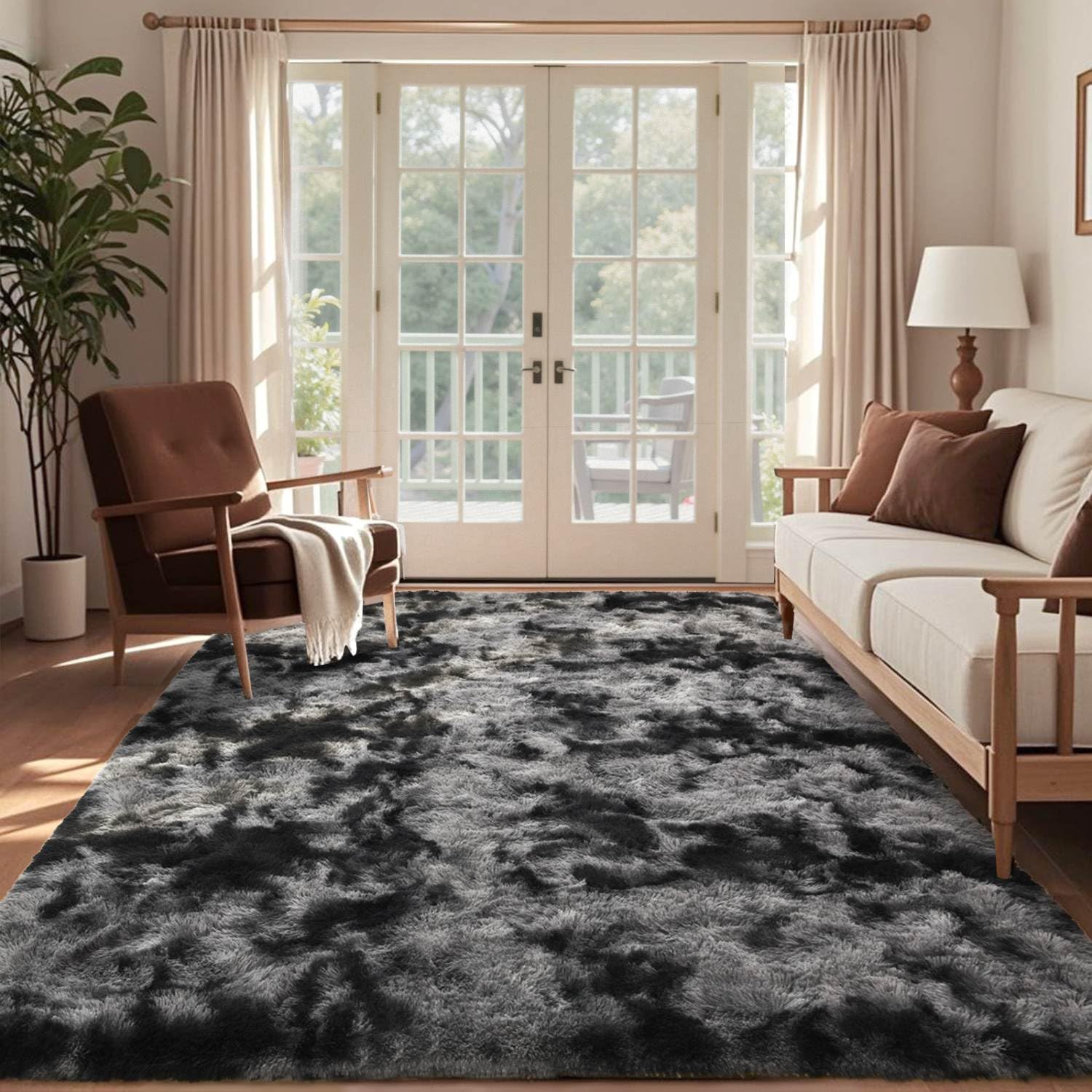 7x10 Ft Extra Large Shag Rugs for Living Room, Tie Dyed Ultra Soft Fluffy Furry Area Rugs for Bedroom Indoor Floor, Aesthetic Carpet for Kids Home Decor (Dark Grey)