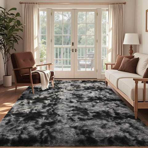 7x10 Ft Extra Large Shag Rugs for Living Room, Tie Dyed Ultra Soft Fluffy Furry Area Rugs for Bedroom Indoor Floor, Aesthetic Carpet for Kids Home Decor (Dark Grey)
