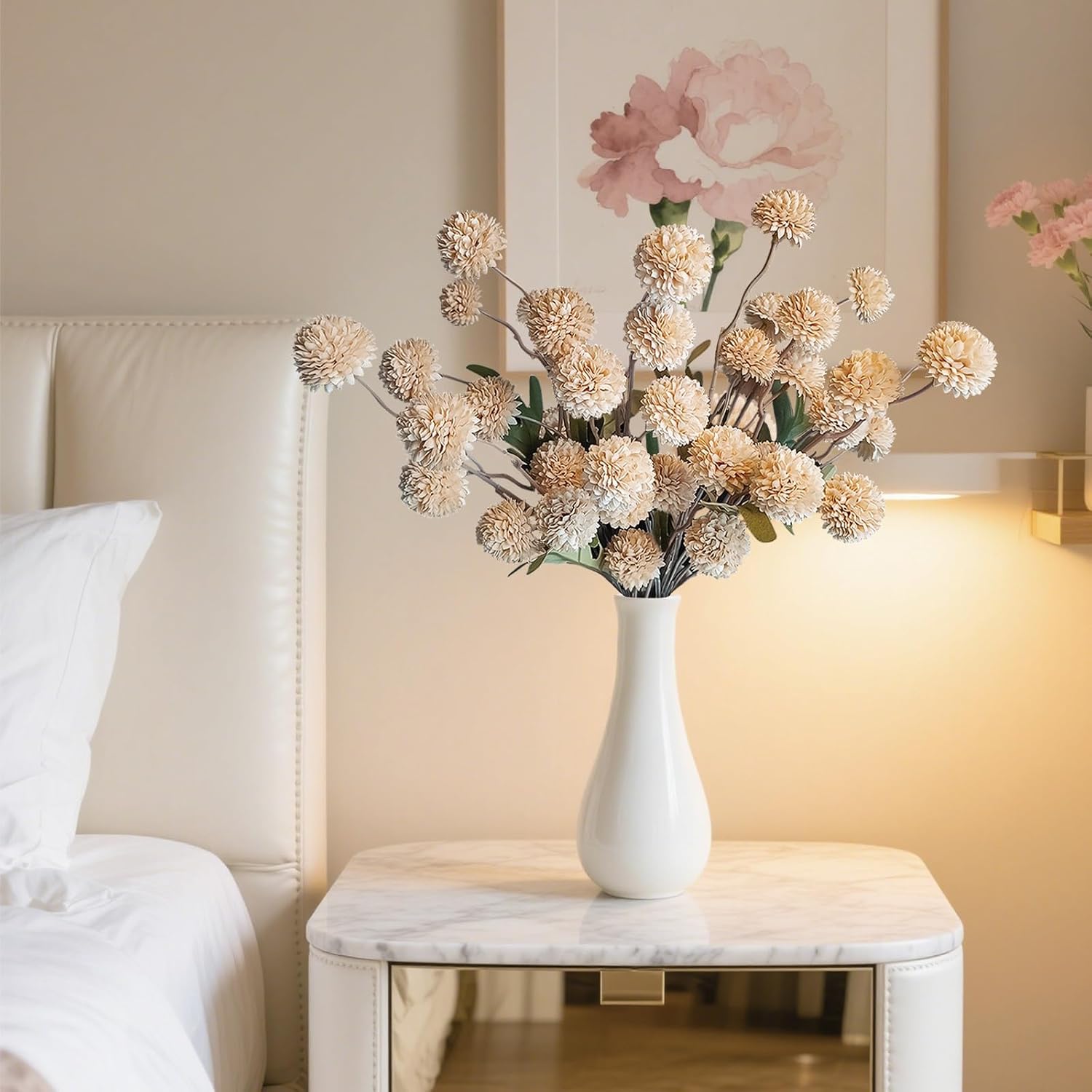 10 Pcs Fake Flowers, Artificial Mums With Long Stems, Beige Faux Pompon Mums Floral Arrangement, Champagne Plastic Flowers Silk Dried Flowers Home Decor, Fall Decorations For Home Vase(No Vase)
