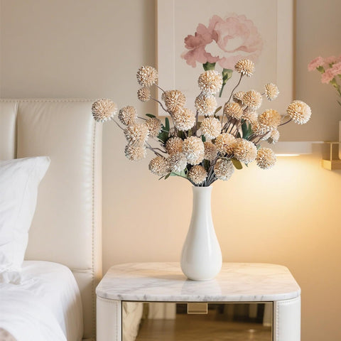 10 Pcs Fake Flowers, Artificial Mums With Long Stems, Beige Faux Pompon Mums Floral Arrangement, Champagne Plastic Flowers Silk Dried Flowers Home Decor, Fall Decorations For Home Vase(No Vase)
