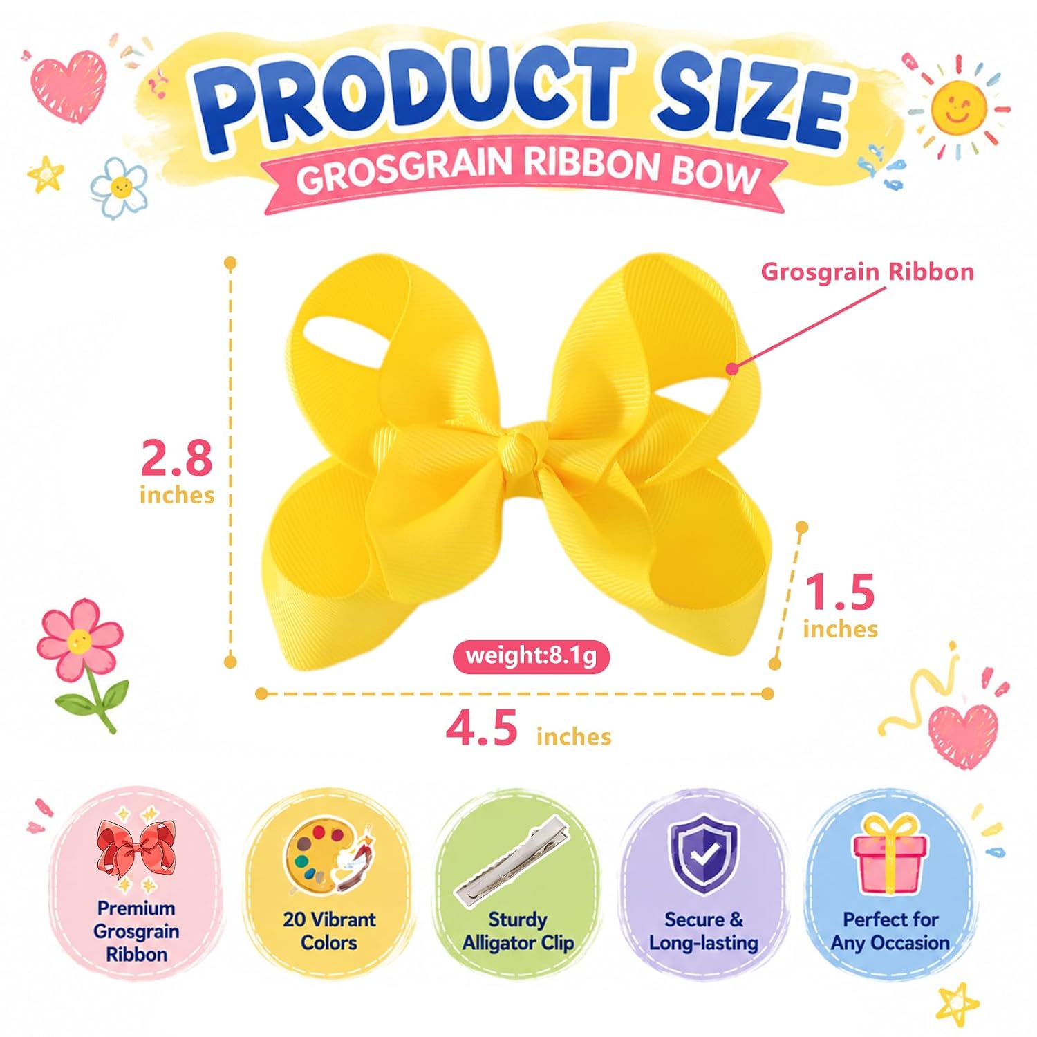 YHXX YLEN 40PCS 4.5 Inch Hair Bows for Girls, Grosgrain Ribbon Toddler Bows