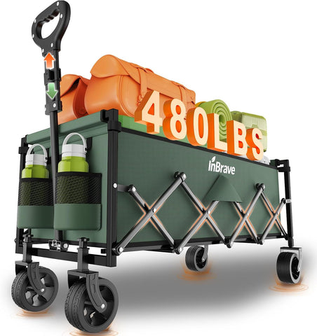 34" Extra Long Collapsible Wagon Cart, 480LBS Capacity, Army Green