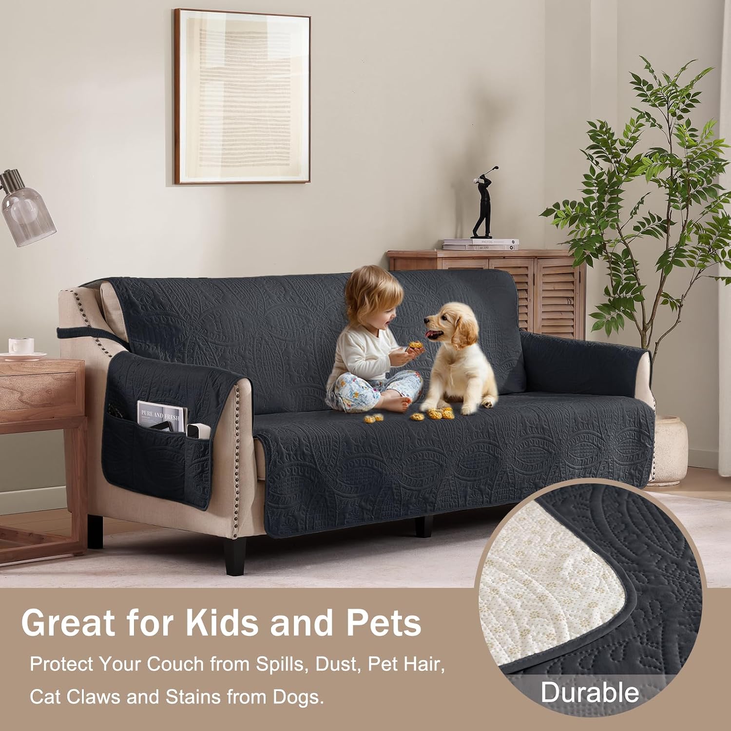 Black Loveseat Covers 2 Cushion Couch, Water-Repellent Sofa Cover for Love Seat, Washable Quilted Couch Covers, Pet Friendly Sofa Slipcovers (Loveseat 56", Black)