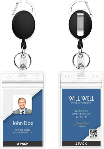 Will Well Heavy Duty ID Badge Holder Retractable 2 Pack - Vertical - Black