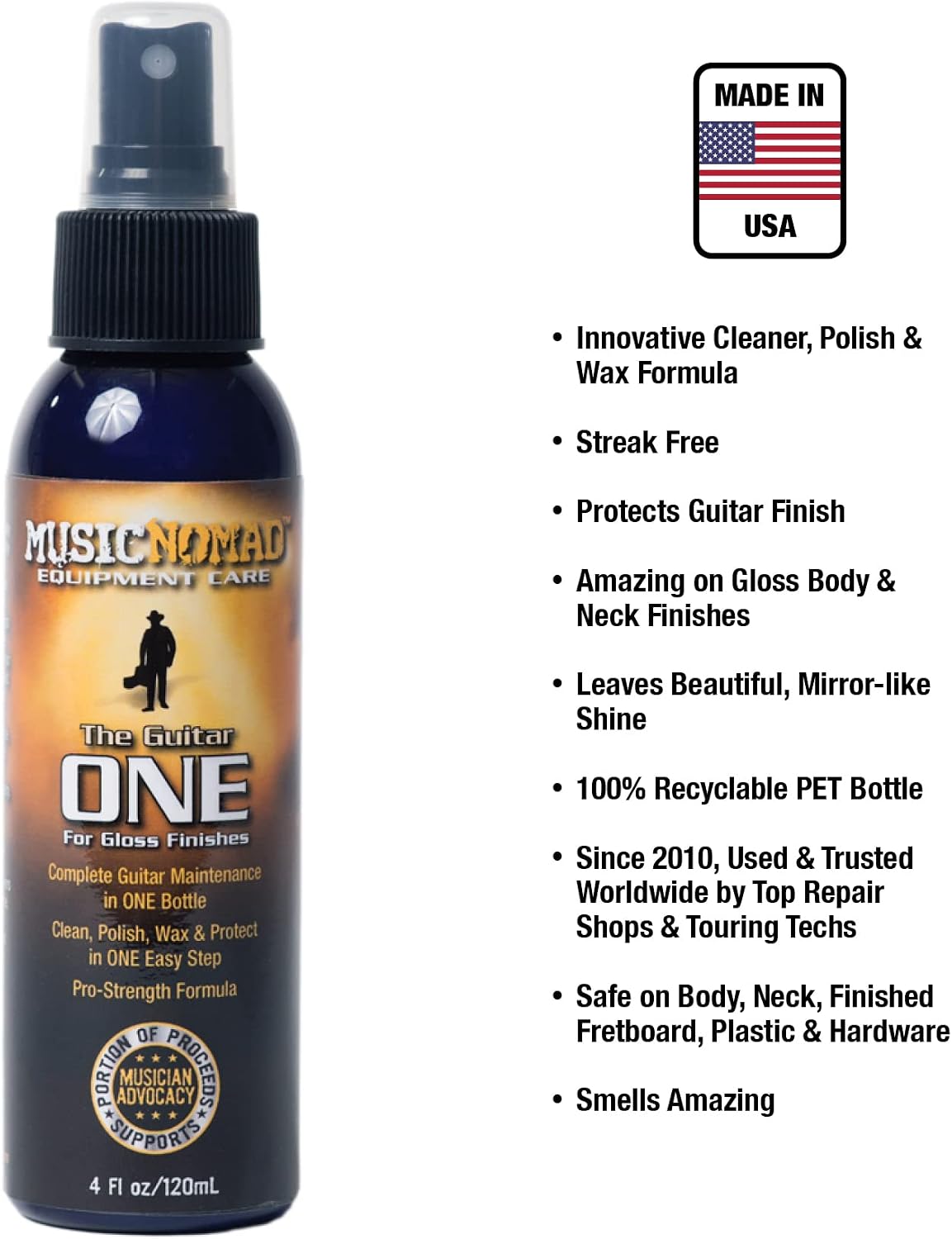 MusicNomad Guitar ONE All-in-1 Cleaner, Polish & Wax, 4 oz, (MN103)