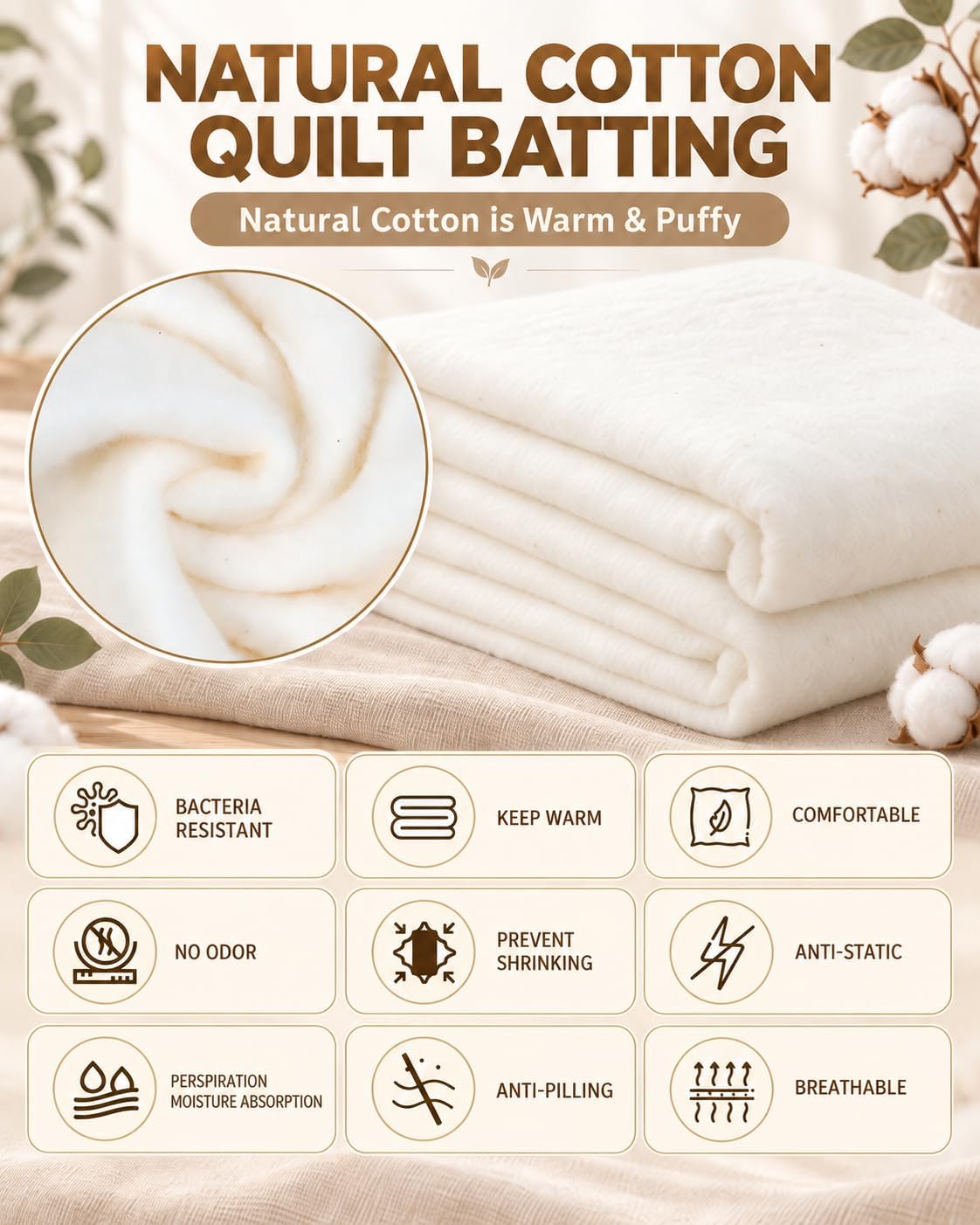 PLANTIONAL 71" x 79" Natural Cotton Batting for Quilting, 200g/m²