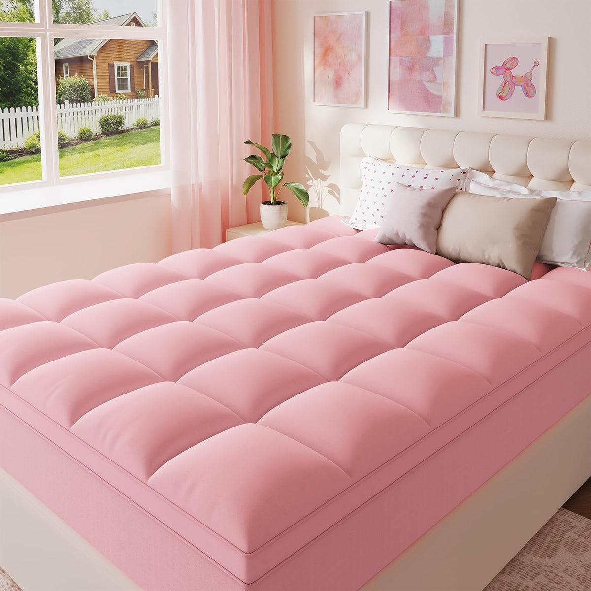 ELEMUSE Full Pink Mattress Topper, Thick Pillow Top Bed Topper Mattress Pad