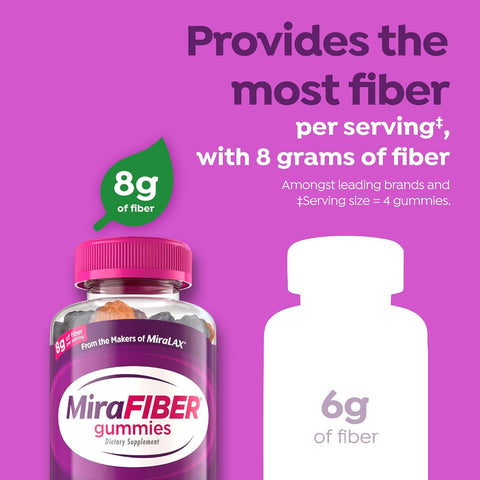 MiraFIBER Gummies, from The Makers of MiraLAX, Vegan Formula, 8g Per Serving, Gut Health for Men & Women, Prebiotic Fiber Gummies for Adults, Mixed Fruit Flavor 72Ct