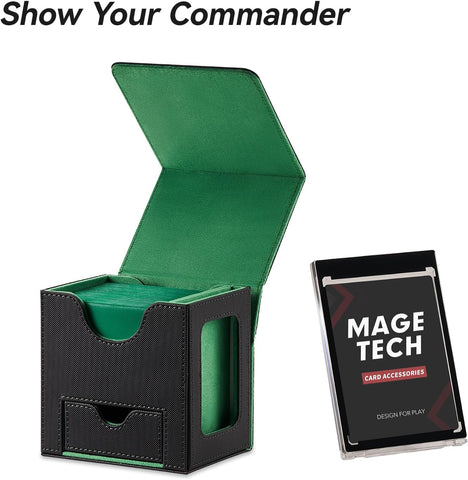Mage Tech Card Deck Box for MTG Commander - Patented Design, Commander Display, Fits 100 Double-Sleeved Cards, 35pt Card Brick & Dice Tray - Black/Green