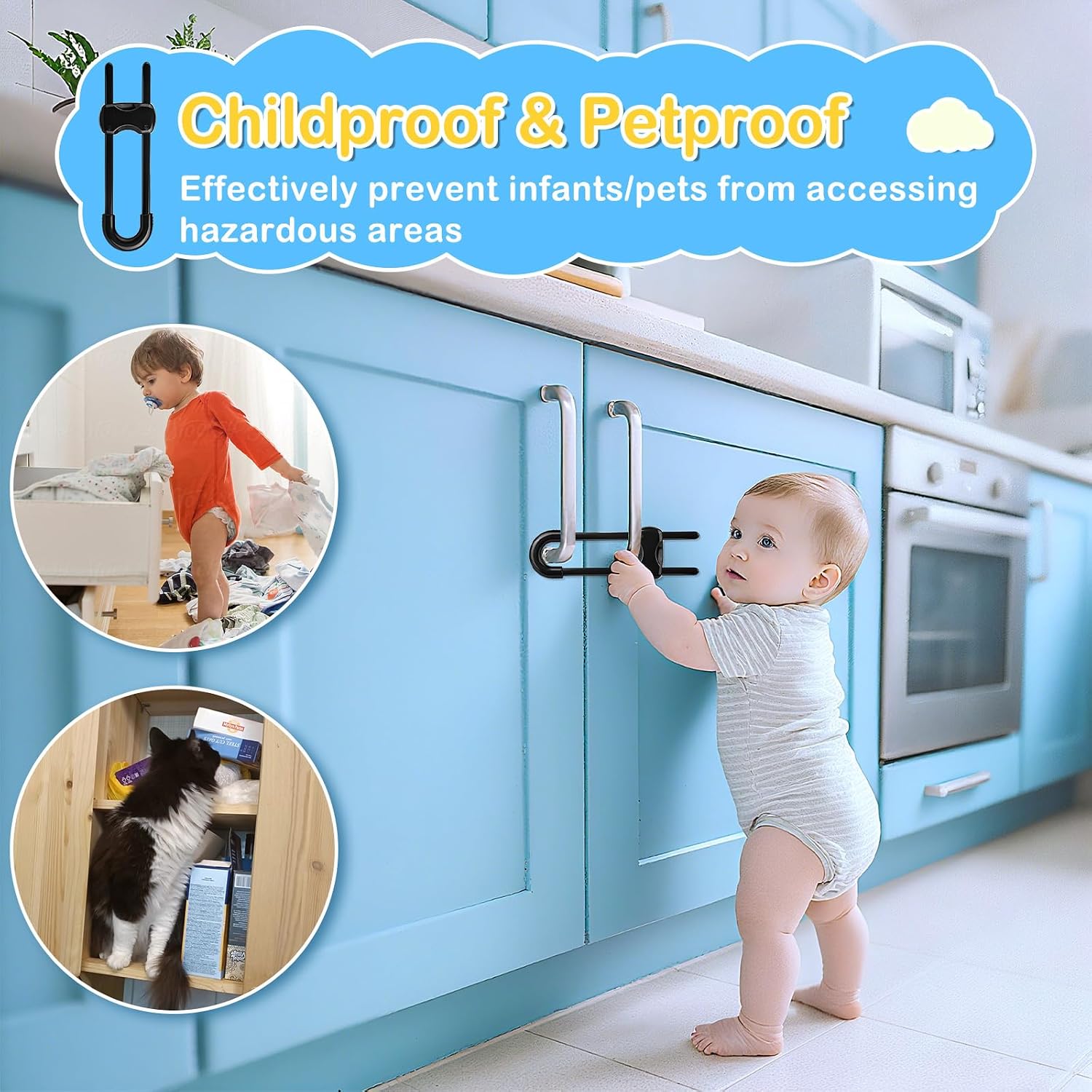 10 Pcs Sliding Cabinet Latches, U Shaped Cabinet Door Locks, Baby Cabinet Safety Latches for Baby Proofing, No Drilling Tool-Free Installation Easy to Use for Knobs or Handle Double Door (Black)