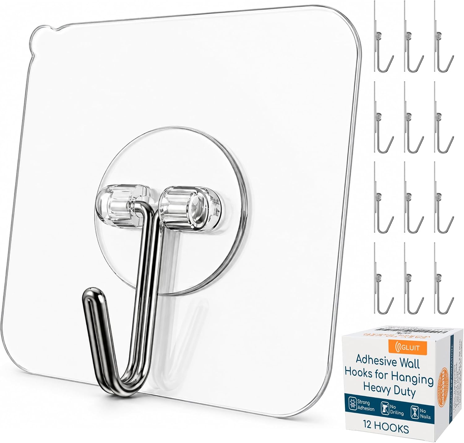 GLUIT Adhesive Wall Hooks for Hanging Heavy Duty No Drill, 22 lbs, 12 pcs