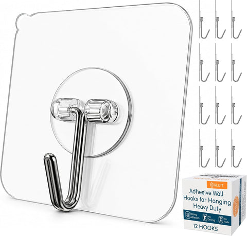 GLUIT Adhesive Wall Hooks for Hanging Heavy Duty No Drill, 22 lbs, 12 pcs