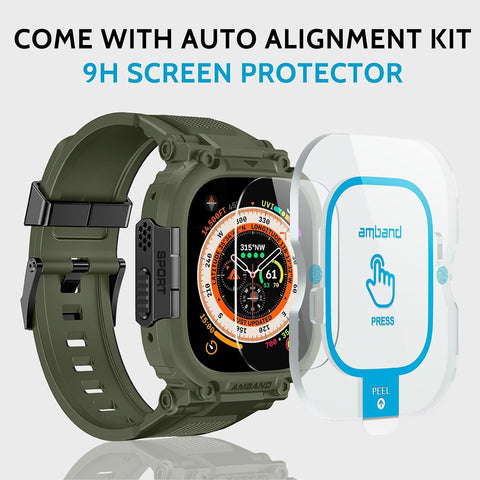amBand Bands Case Screen Protector Compatible with Apple Watch Ultra 3/2/1 49mm, M1 Sport Series Rugged Cover Strap and 9H Tempered Glass Film, Protective Bumper for iWatch 49 mm Men Army Green