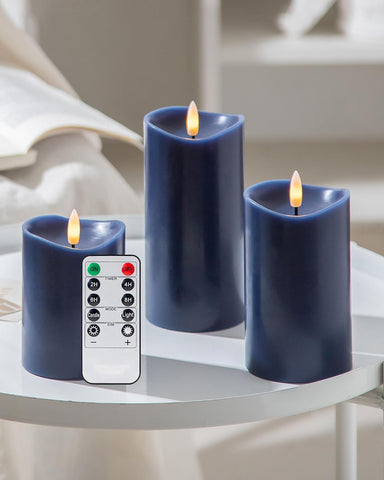Navy Blue Real Wax Flameless Pillar Candles, Battery Operated with Remote