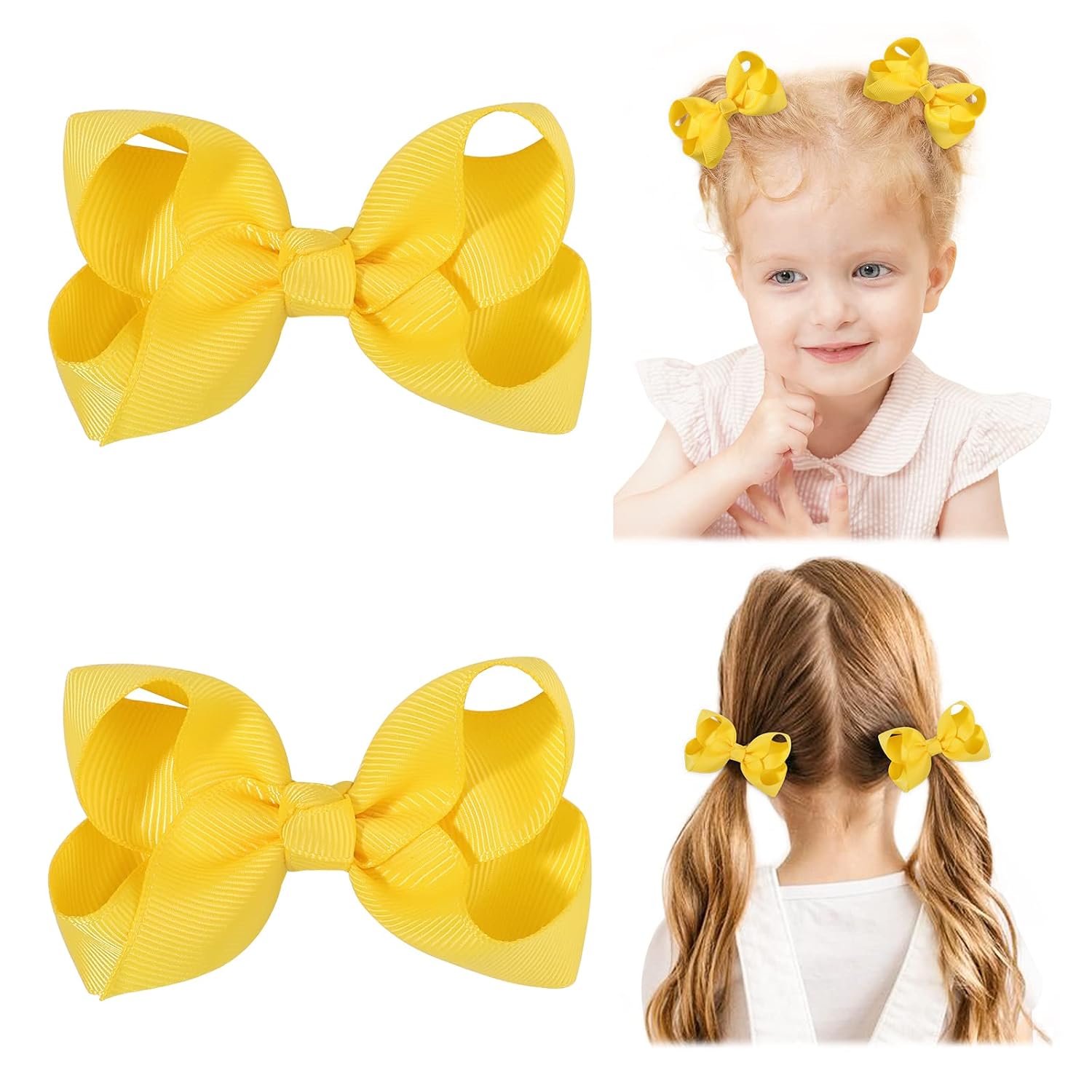 YHXX YLEN 2 PCS 3" Hair Bows for Girls, Yellow Grosgrain Ribbon Hair Clips