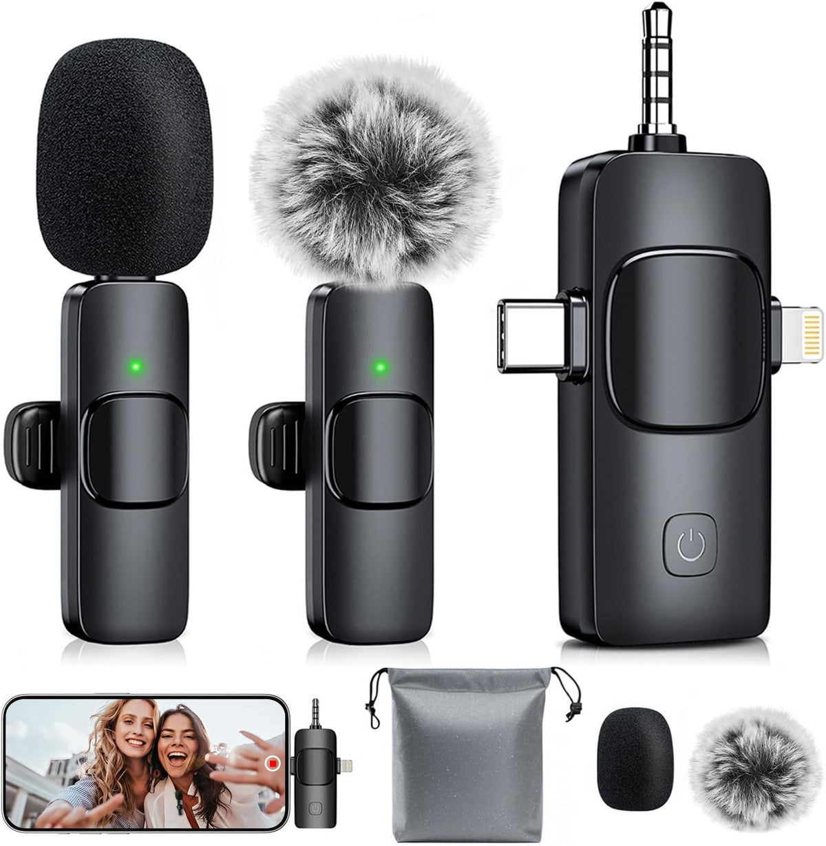MENERESAS 3-in-1 Mini Microphone for iPhone: Wireless Lavalier Microphones for iOS/Android/Camera - Noise Reduction Lapel Mic, Clip on Mic for Video Recording Vlog, YouTube