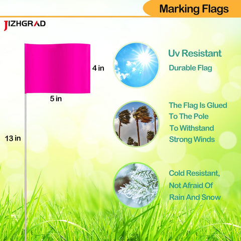 50Pack Pink Marking Flags, JIZHGRAD 13x4x5 Inch Marker Flags Use for Yard & Lawn, Boundary & Dog Training, Survey & Landscape, Sprinkler & Surveyor, Garden & Construction, High Visibility, Sturdy, Versatile, UV & Weather Resistant