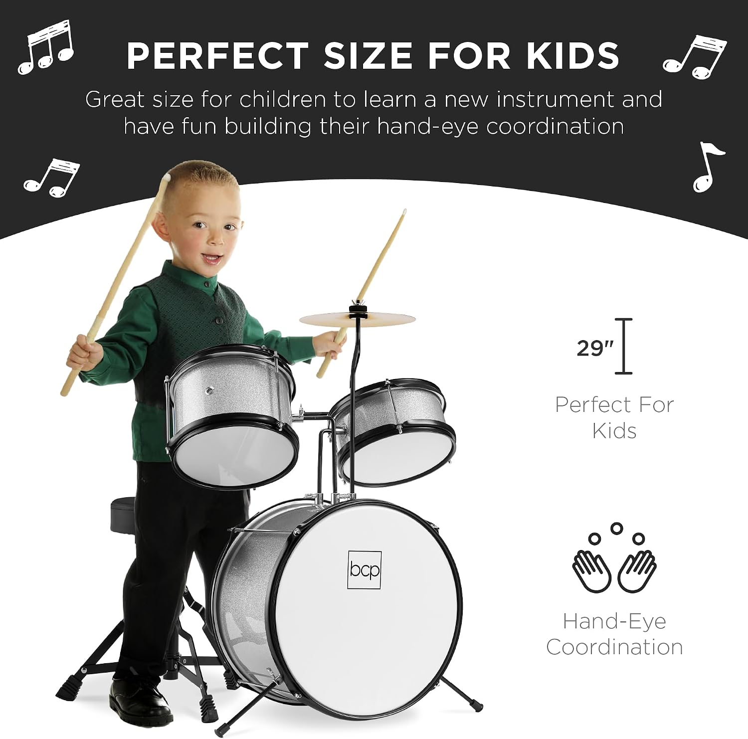 Best Choice Products 3-Piece Beginner Drum Set for Kids Juniors, w/Throne Stool, Cymbal, Drum Sticks, Bass Drum Pedal, 2 Toms - Silver Sparkle