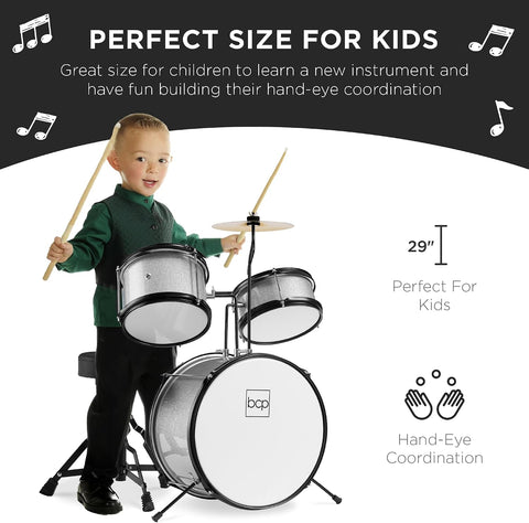 Best Choice Products 3-Piece Beginner Drum Set for Kids Juniors, w/Throne Stool, Cymbal, Drum Sticks, Bass Drum Pedal, 2 Toms - Silver Sparkle