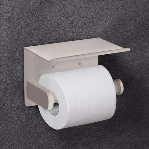 VAEHOLD Self Adhesive Toilet Paper Holder with Phone Shelf SUS 304 Stainless Steel Wall Mounted Toilet Paper Roll Holder - Rustproof and Bathroom Washroom Tissue Roll Holder with Shelf -Beige