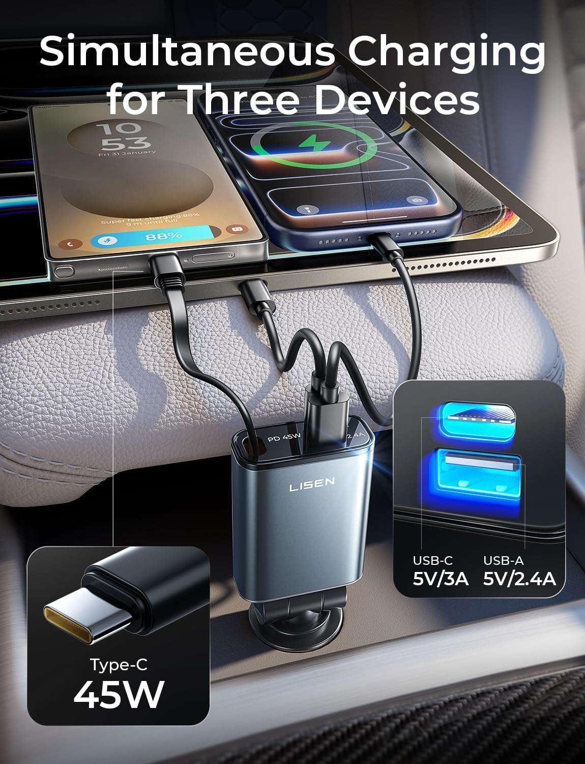 LISEN 72W Retractable Car Charger Ultra-Compact USBC Fast Car Charger