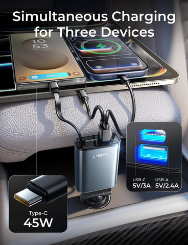 LISEN 72W Retractable Car Charger Ultra-Compact USBC Fast Car Charger