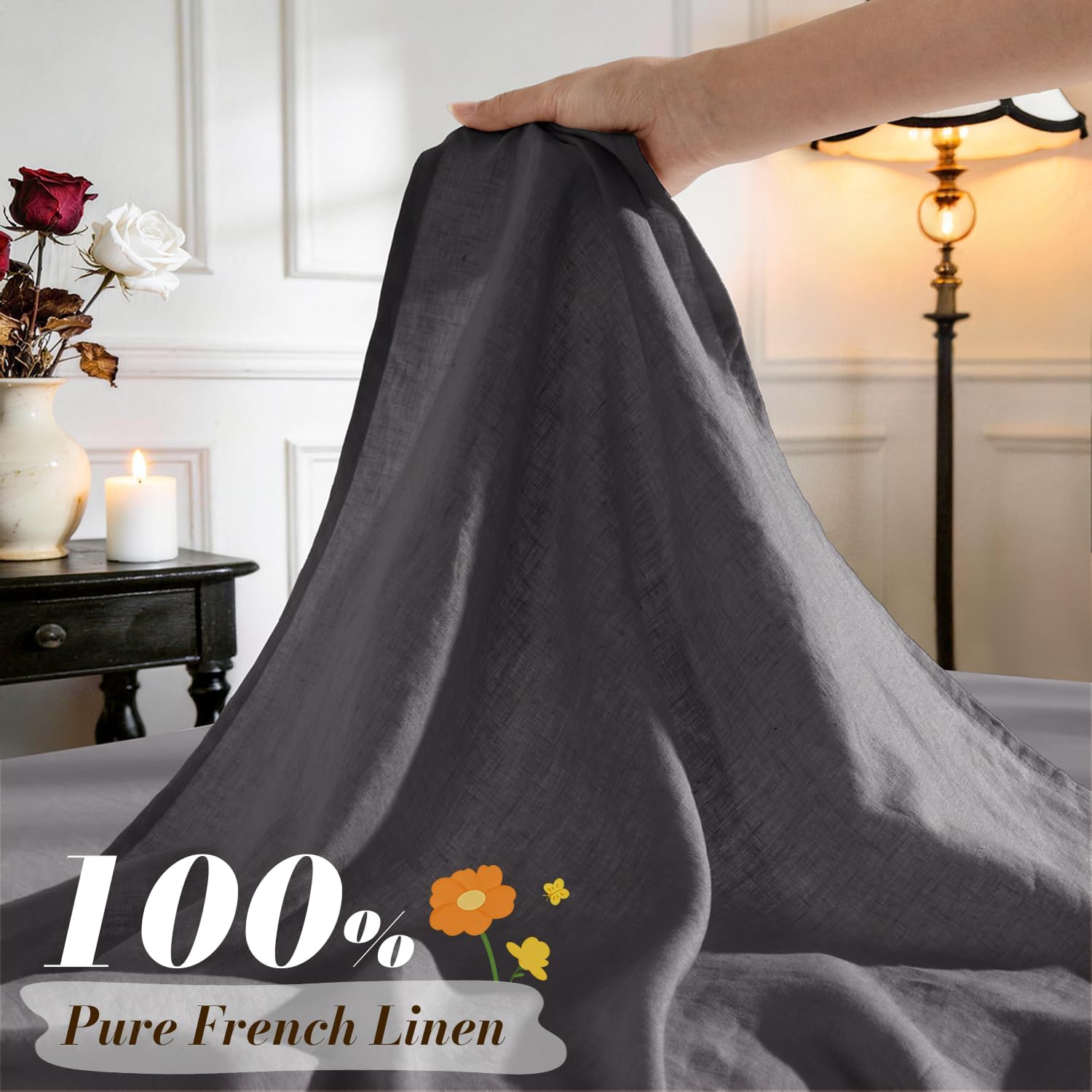 SONORO KATE 100% French Linen Twin Size Sheets Set,Natural Flax Bedding