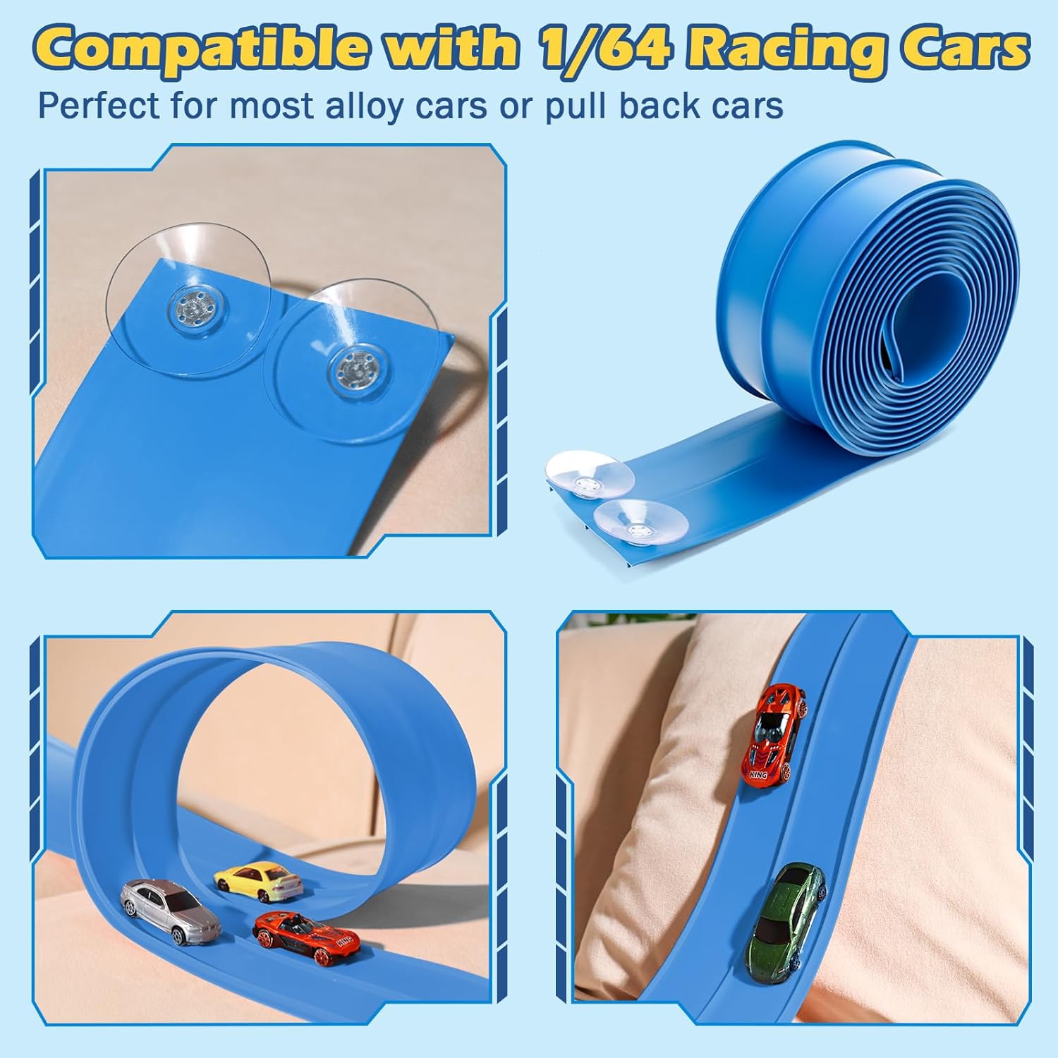 Flex Tracks 15 Ft Starter Set Flexible Race Track for Kids 3+, Flexible Car Track Race Car Ramp Track Compatible with Diecast 1/64th Cars, Portable Rolls Up Race Tracks with Strong Suction Cups