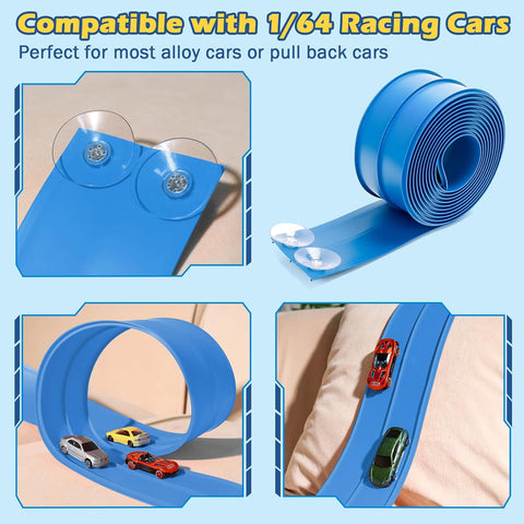Flex Tracks 15 Ft Starter Set Flexible Race Track for Kids 3+, Flexible Car Track Race Car Ramp Track Compatible with Diecast 1/64th Cars, Portable Rolls Up Race Tracks with Strong Suction Cups