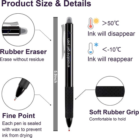 Lineon Erasable Gel Pens, 15 Pack Retractable Erasable Pens Clicker, Fine Point, Make Mistakes Disappear, 8 Black 7 Blue Inks for School & Office