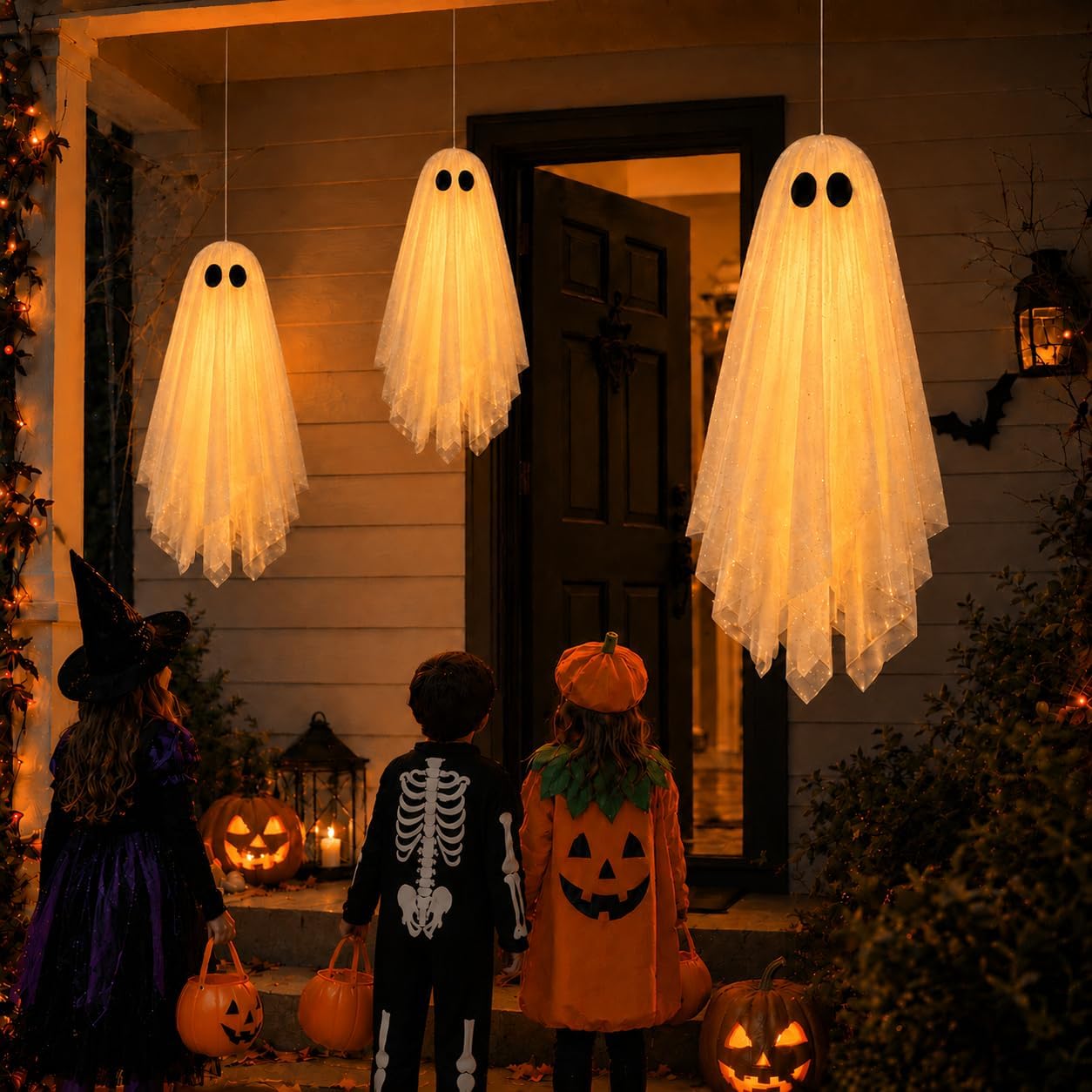 3 Pack Pre-Assembled Hanging Ghosts Halloween Decorations with Warm Glow,Ghost Decor with Remote Timer & Upgraded Double-Layer Sheet, Swinging Ghost for Indoor Outdoor Tree Porch Yard Garden Party